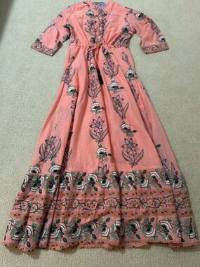 Oliphant Coral Pink Maxi Dress with Black and Green Floral Embroidery